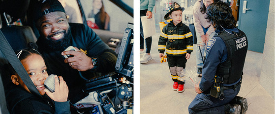 Two Photos - one of a dad and daughter talking on a police radio and the other of an officer kneeling to talk with a young boy.