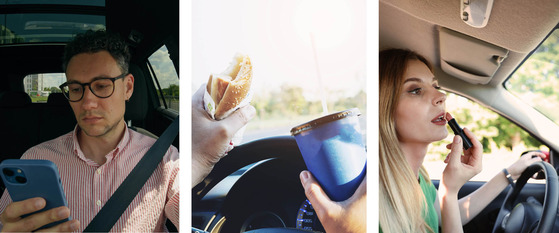 Collage of three photos - Man Texting and Driving, Person Holding a Burger and Drink While Driving, Woman Putting on Lipstick While Driving