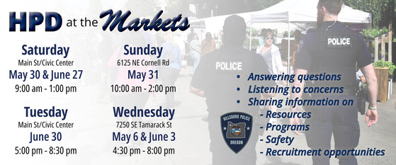 HPD at the Markets - Sat Market on May 30 and June 27, Sun Market on May 31, Tues Market on June 30 and Wed Market on May 6 and June 3