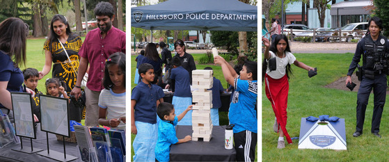 Three photos of engagement with attendees of the Sri Lankan celebration - playing Jenga, Cornhole and looking at resources