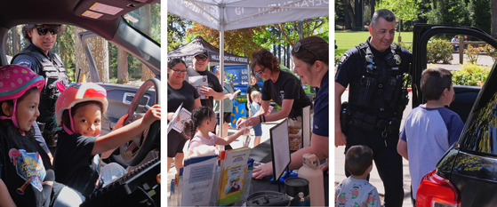 Three photos of community engagement - Kids getting into the police vehicle (2) and families at the resource table