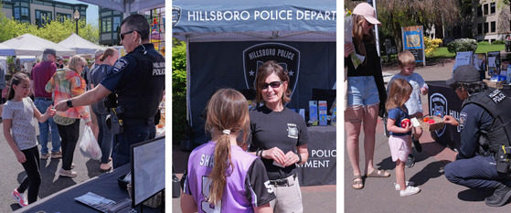 Three photos of community engagement - passing out stickers, talking to a community member, passing out candy