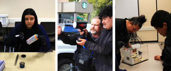 Three photos of students exploring a law enforcement career - dusting for fingerprints, running radar, and analyzing a crime scene