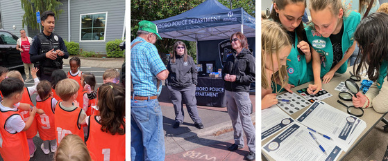 Officer Meeting Young Kids, Engagement Specialist Talking with Community Members at a Market, Girls Scouts Huddled Around a Forensic Activity