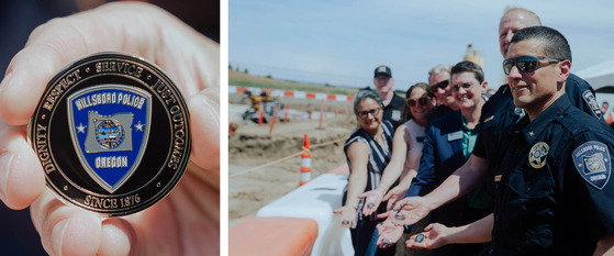 Hillsboro Police Commemorative Challenge Coin, as well as the Chief of Police, Deputy Chief, and City Dignitaries Holding the Coins