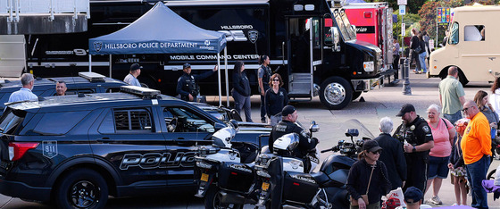 Hillsboro Police on the Civic Center Plaza with the Mobile Command Center, Motorcycles, and Patrol Vehicles
