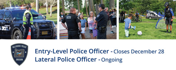 Three photos of police personnel in the community, plus Entry-Level Police Officer - Closes December 28; Lateral Police Officer - Ongoing 