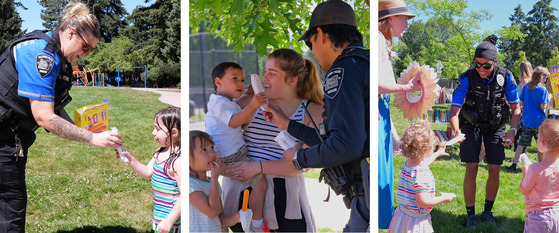 Three Photos of Police Officers Handing Out Popsicles to Kids and Adults