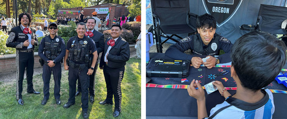 Two Photos - Officer Engagement with a Child and a Posed Photo with Officers and the Mariachi Singers