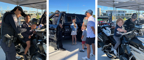 Three Photos of Kids Exploring Police Vehicles - One Patrol Vehicle and Two Motorcycles