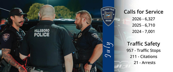July Calls for Service 2026 - 6,327; 2025 - 6,710; 2024 - 7,001 and Traffic Safety - 957 Traffic Stops; 211 Citations; 21 Arrests