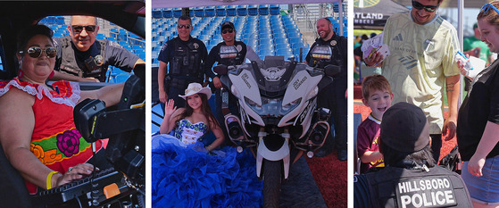 Three Photos - Officers Engaging with Attendees at the Booth, in a Patrol Vehicle, and with a Motorcycle