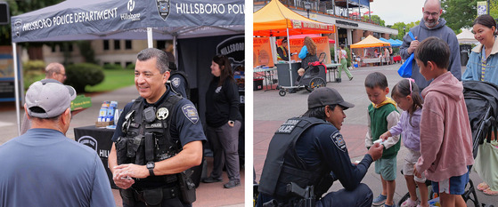 Two Photos with Officers Interacting with Community Members at the Farmers' Market