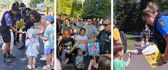 Three Photos of Officers Passing Out Popsicles to Kids
