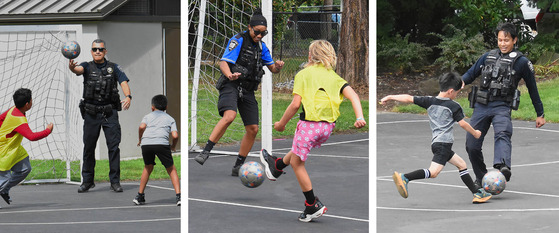 Three Photos of Police Officers Playing Soccer with Kids