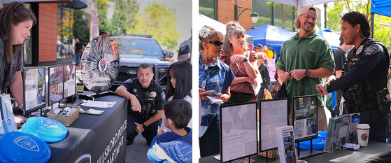 Two Photos - Officer Engaging with Kids at a Safety Spinning Wheel and the Other Officer Talking to a Few Adults