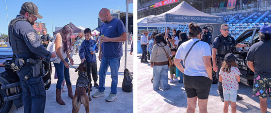 Two Photos - Officer and Police K-9 Interacting with a Family and Several People Gathered Around a Police Vehicle and Booth