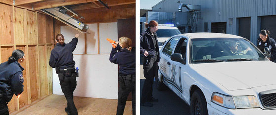 Two Photos - Hillsboro Cadets Clearing a Building While Dropping Attic Stairs and Doing an Unknown Traffic Stop
