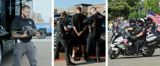 Three Photos - An Officer Holding a Drone, Two Officers Cuffing a Subject, and Motor Officers in a Parade