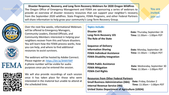 Disaster Response, Recovery, and Long-Term Recovery Webinars for 2020 Oregon Wildfires