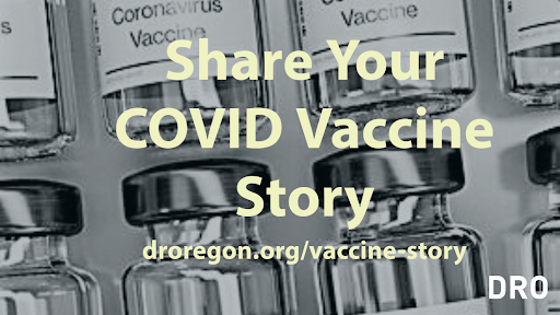Black/White photo of vaccines with caption "Share your COVID Vaccine story"