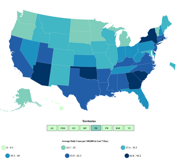 Blue national map of average daily cases
