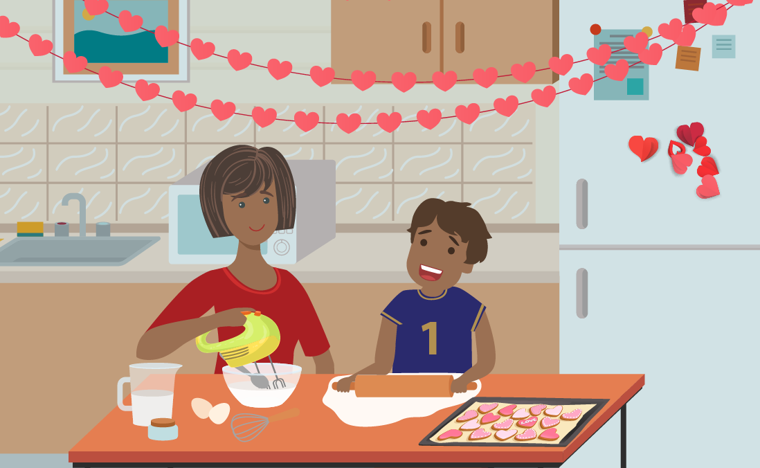 Cartoon of mother and son baking heart shaped cookies