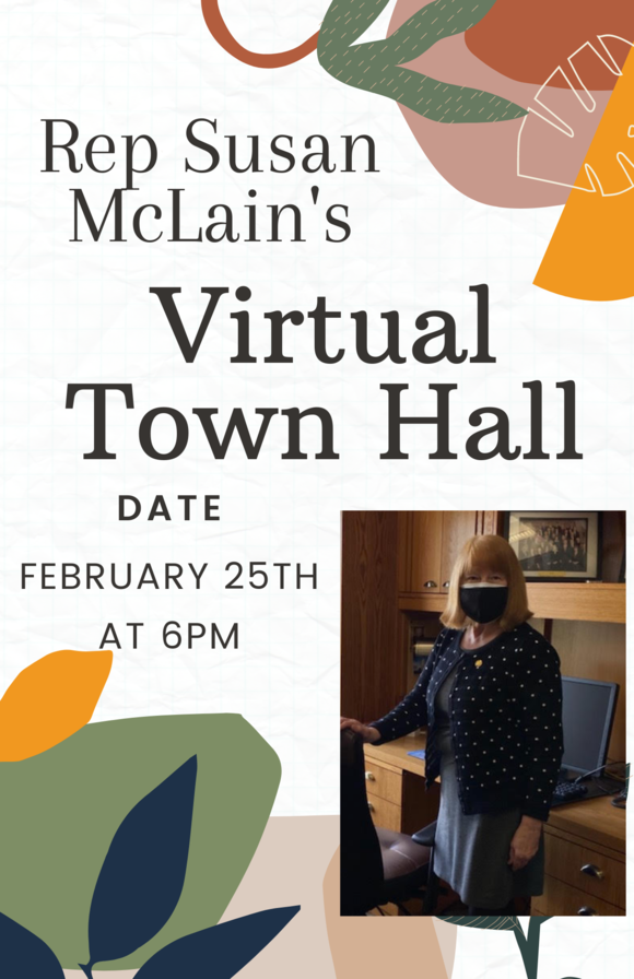 Town Hall Flyer with floral border and rep mclain in a mask in her office