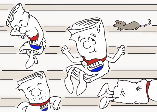Cartoons of bills lying around and hanging out