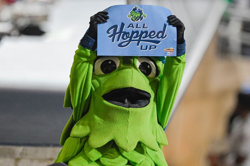 frog mascot holding up blue sign with hopped up slogan