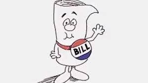cartoon of a rolled up bill with eyes, waiving and wearing red/white/blue badge that says BiLL