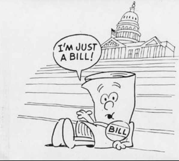 a cartoon bill lounging on the steps of congress, waiving and wearing badge that says bill