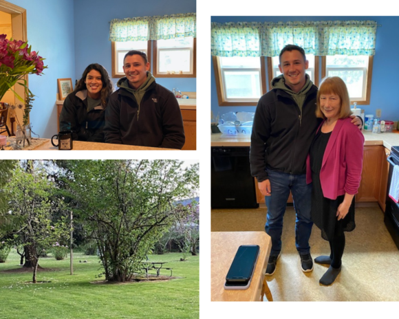 three photos of rep mclain, nephew and his wife. trees in grass