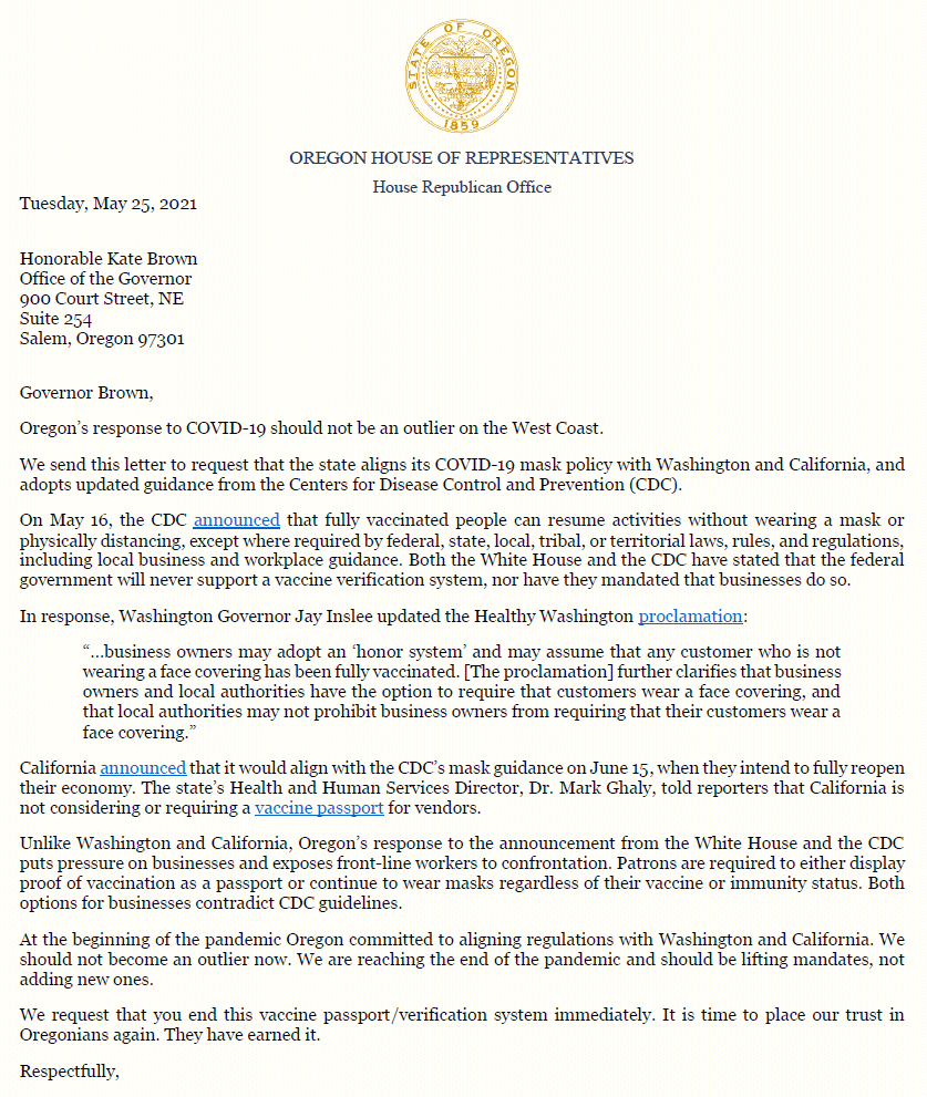 Letter Addressing Governor's Vaccine Verification System 