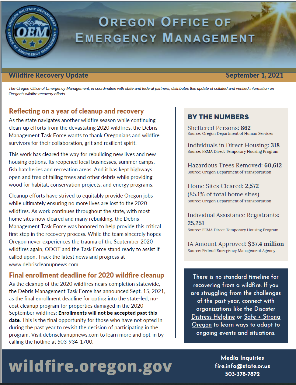 Page 1 -OEM September 1, 2021 Wildfire Recovery Update