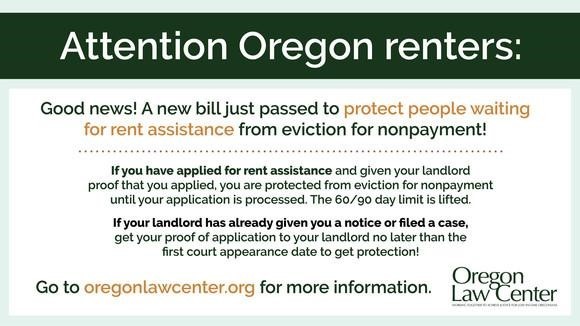 Attention Oregon renters: Good news! A new bill just passed to protect people waiting for rent assistance from eviction for nonpayment!