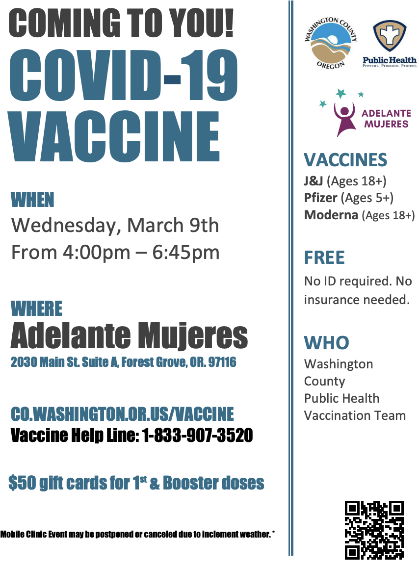 COVID Vaccines Available through Adelante Mujeres 