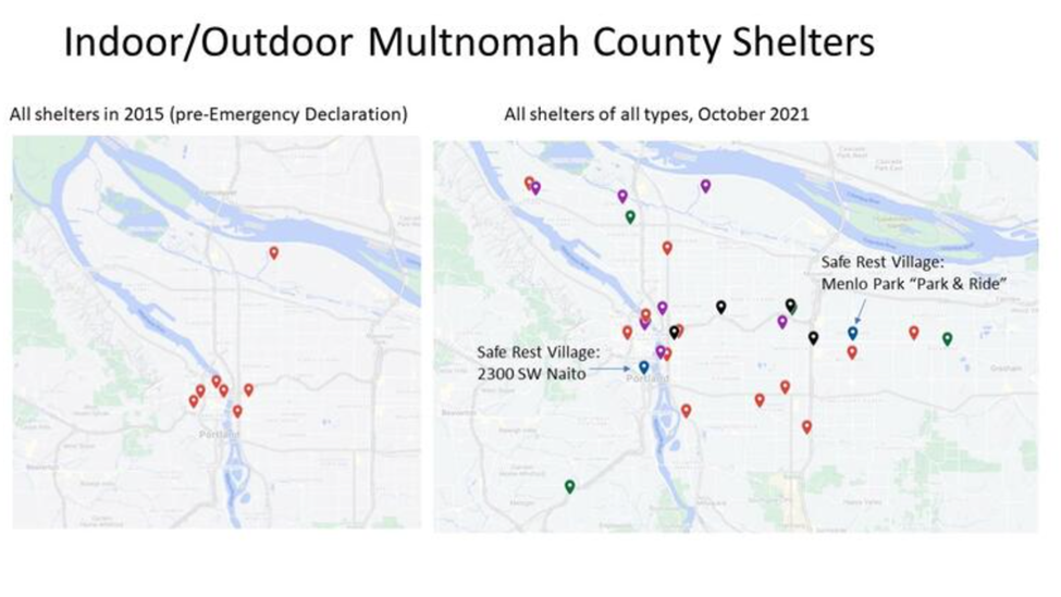 Map comparison of shelter space from 2015 to 2021