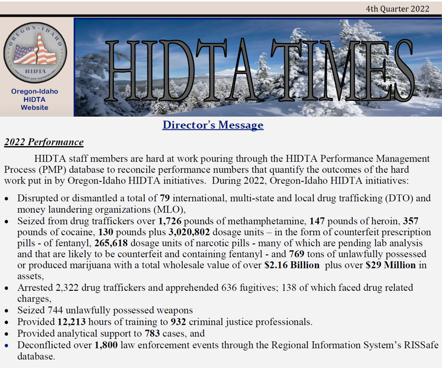 HIDTA quarterly report statistics