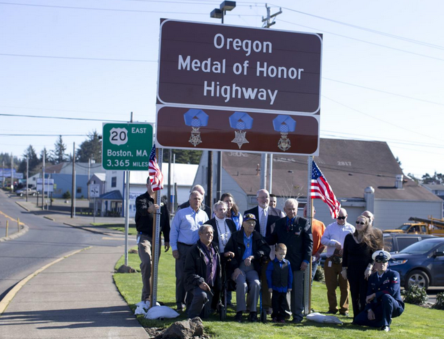 Oregon Medal of Honor Highway Sign in Newport