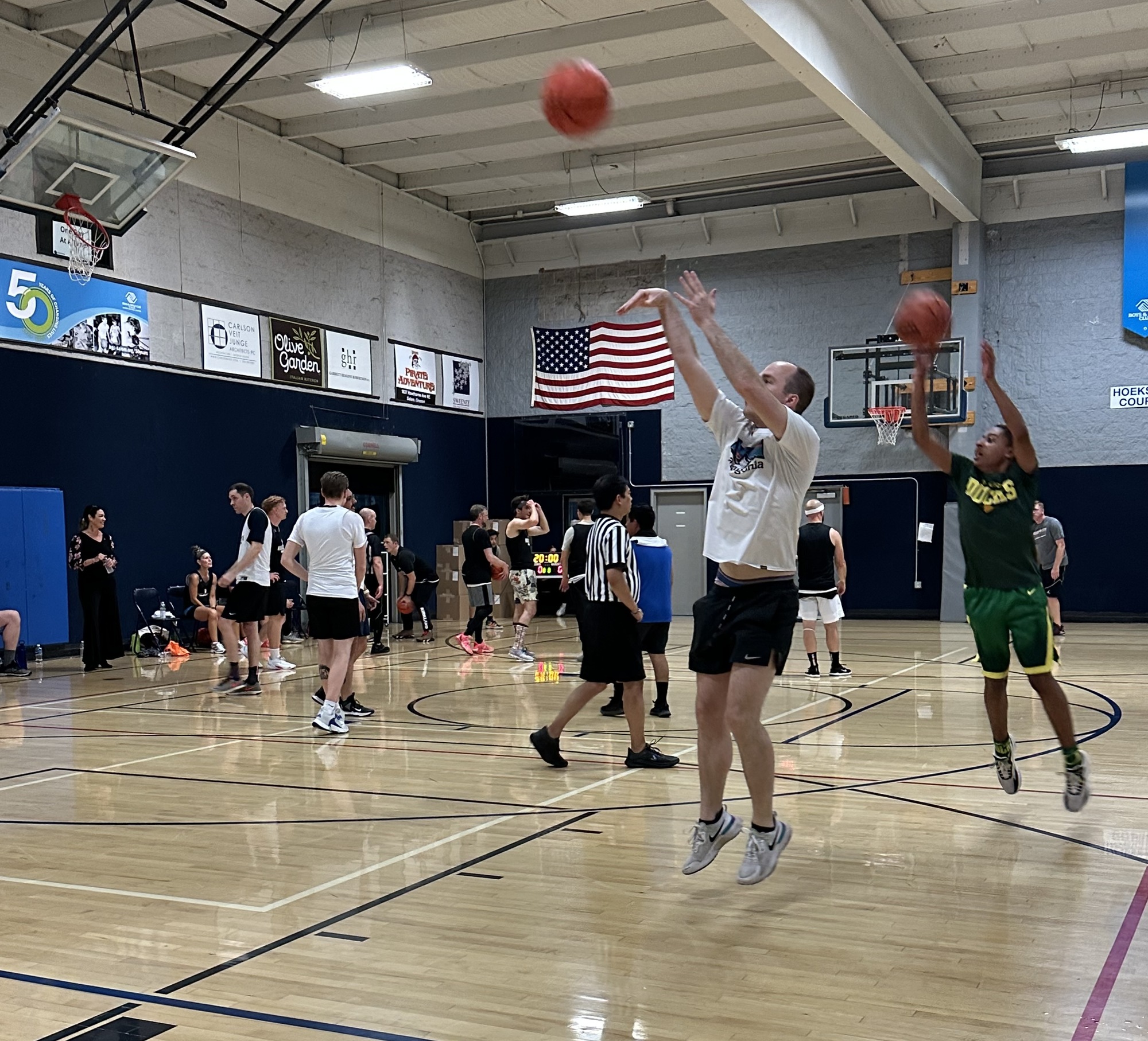 Warming up at the House v. Senate basketball game–before I was out of breath.