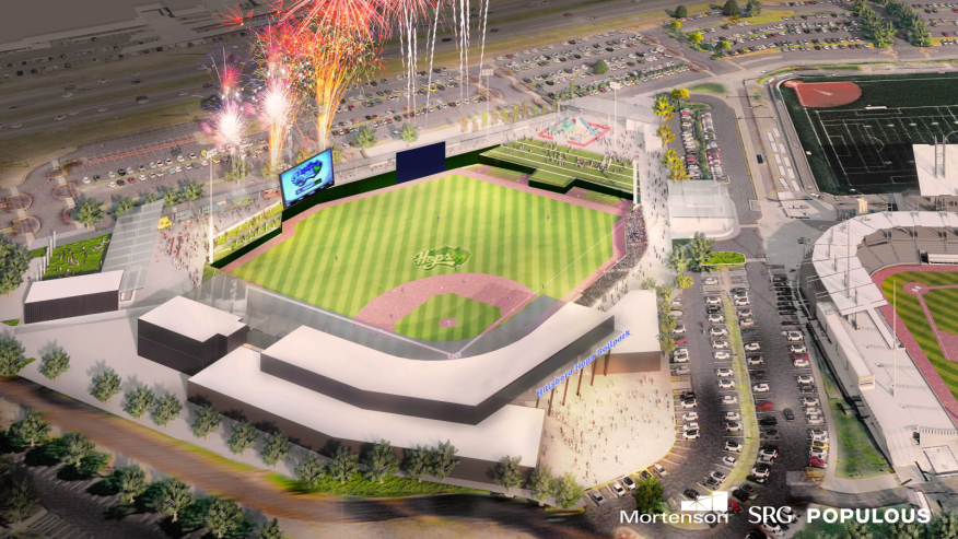 A computer-generated image of the new Hillsboro Hops Stadium