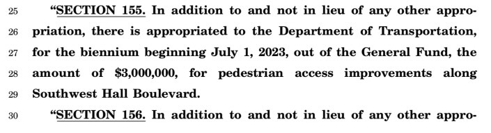The text of the omnibus bill shows the $3 million allocation for Hall Blvd.
