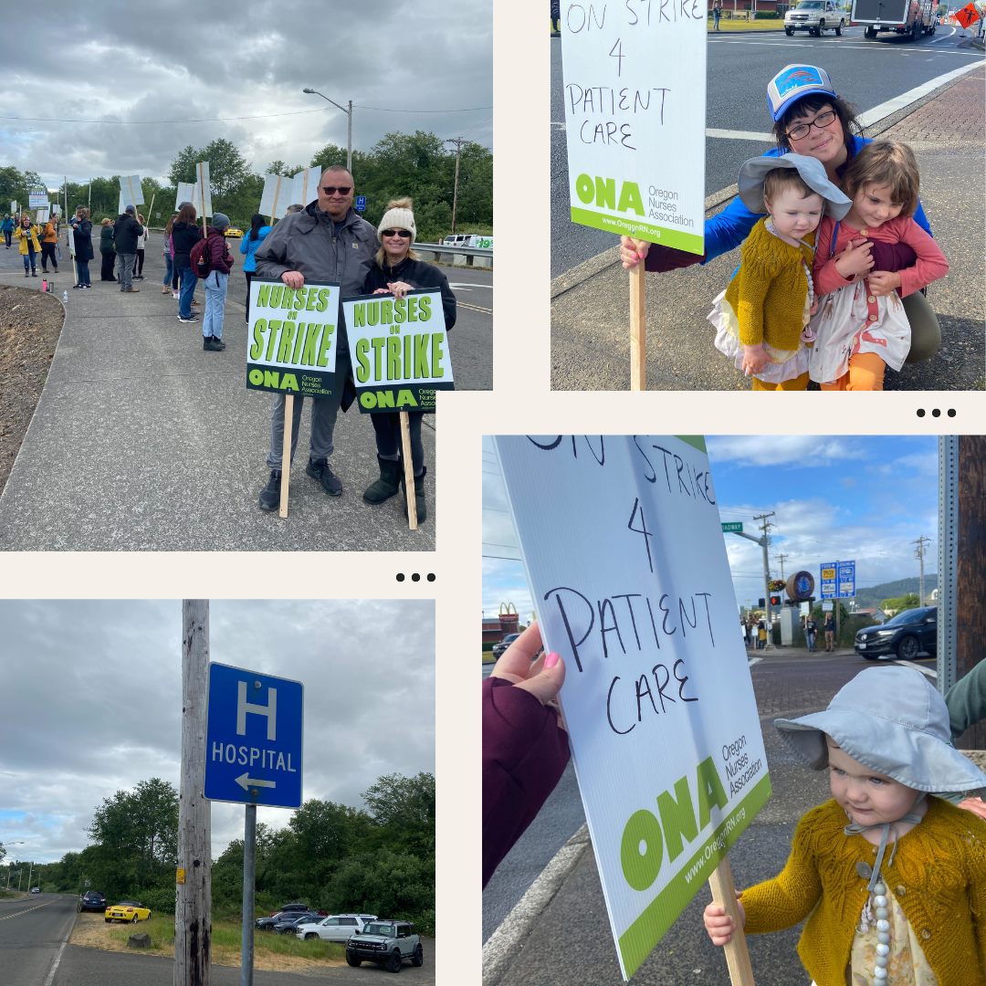 Collage of images of nurses and community members on the picket line in Seaside, OR
