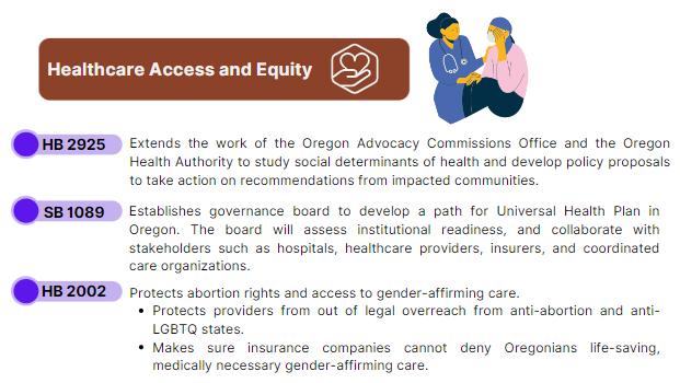 healthcare access and equity. Click links below for information on these bills