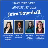 Joint town hall save the date with images of Rep. Chaichi, Rep. H Pham and Sen. Campos