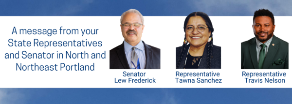 headshot of senator frederick, representative sanchez and representative nelson