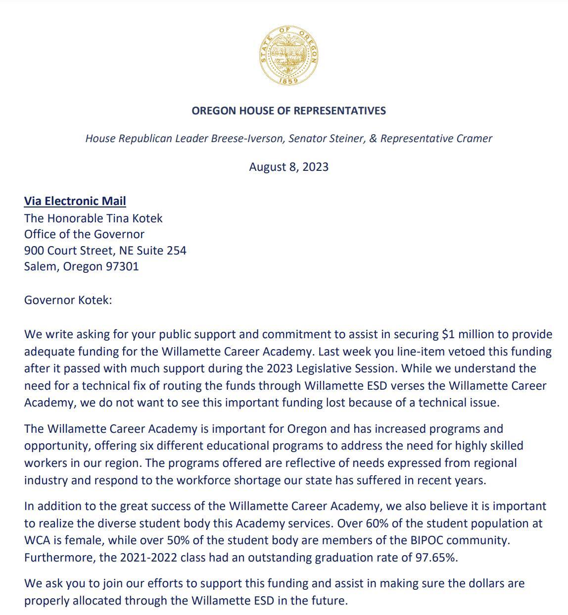 Cramer Letter WCA Veto