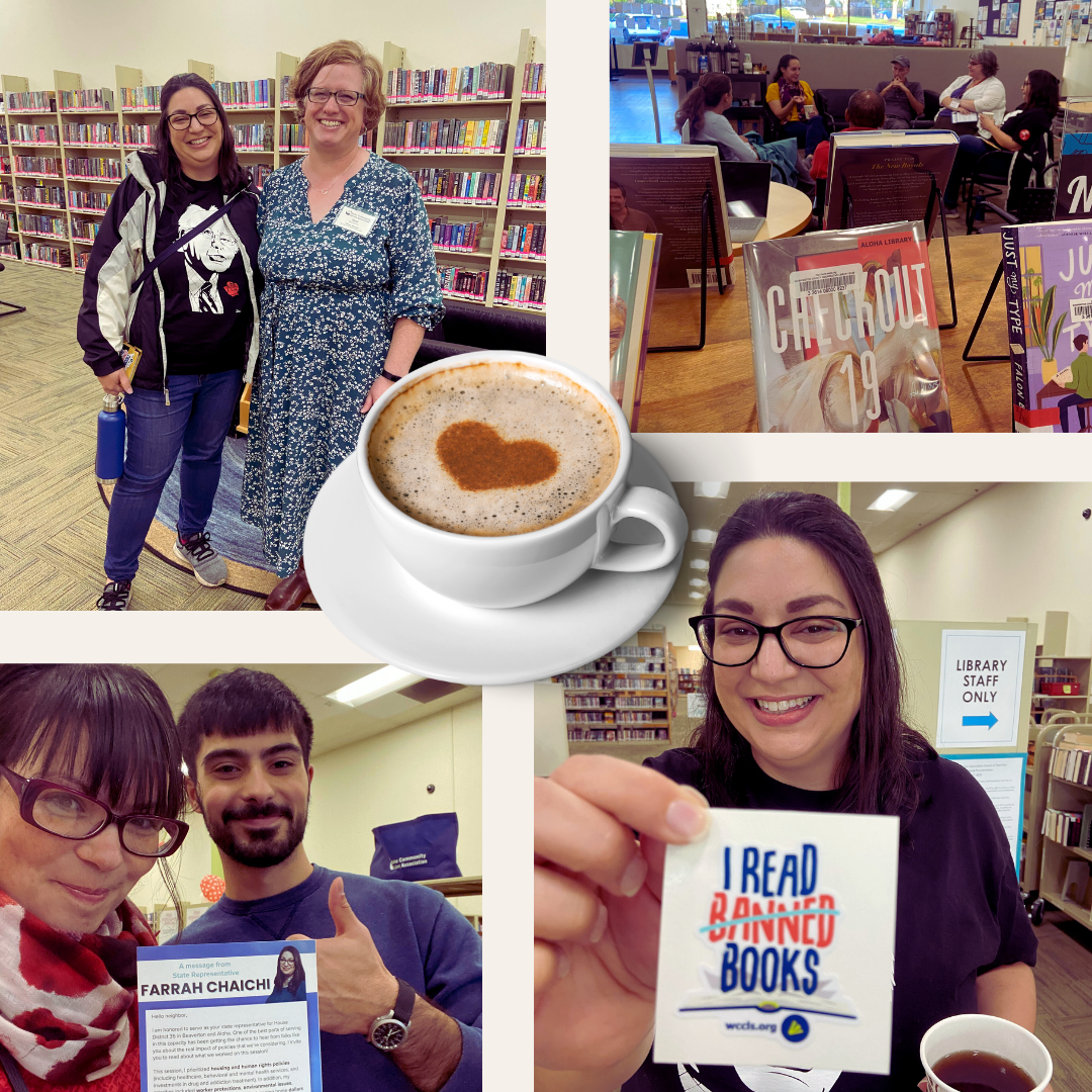 Photo montage of constituents with Rep. Chaichi at coffee event in Aloha Community Library