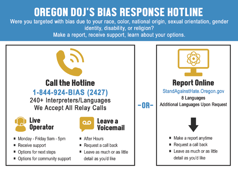 Information for reporting to bias hotline in English